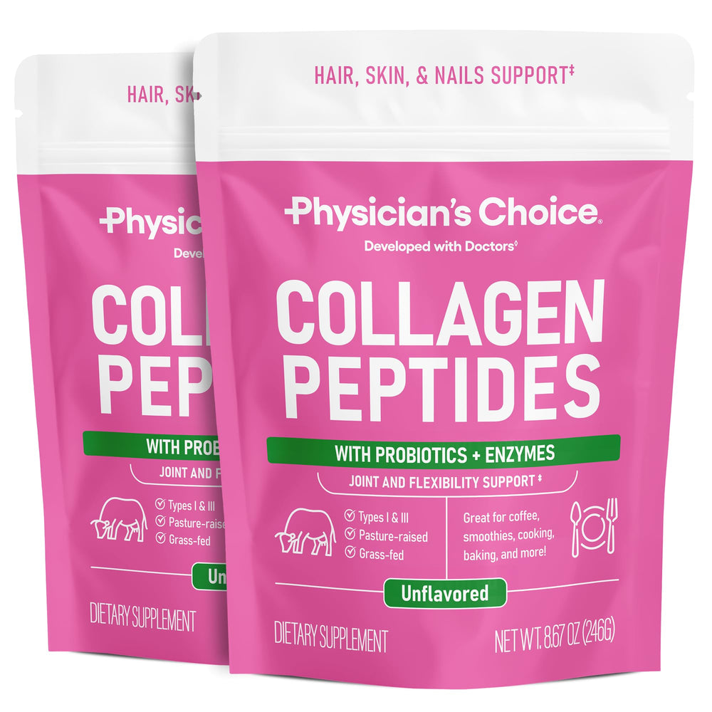 Physician's CHOICE collagen powder tub label, convenient daily supplement for hair and joints.
