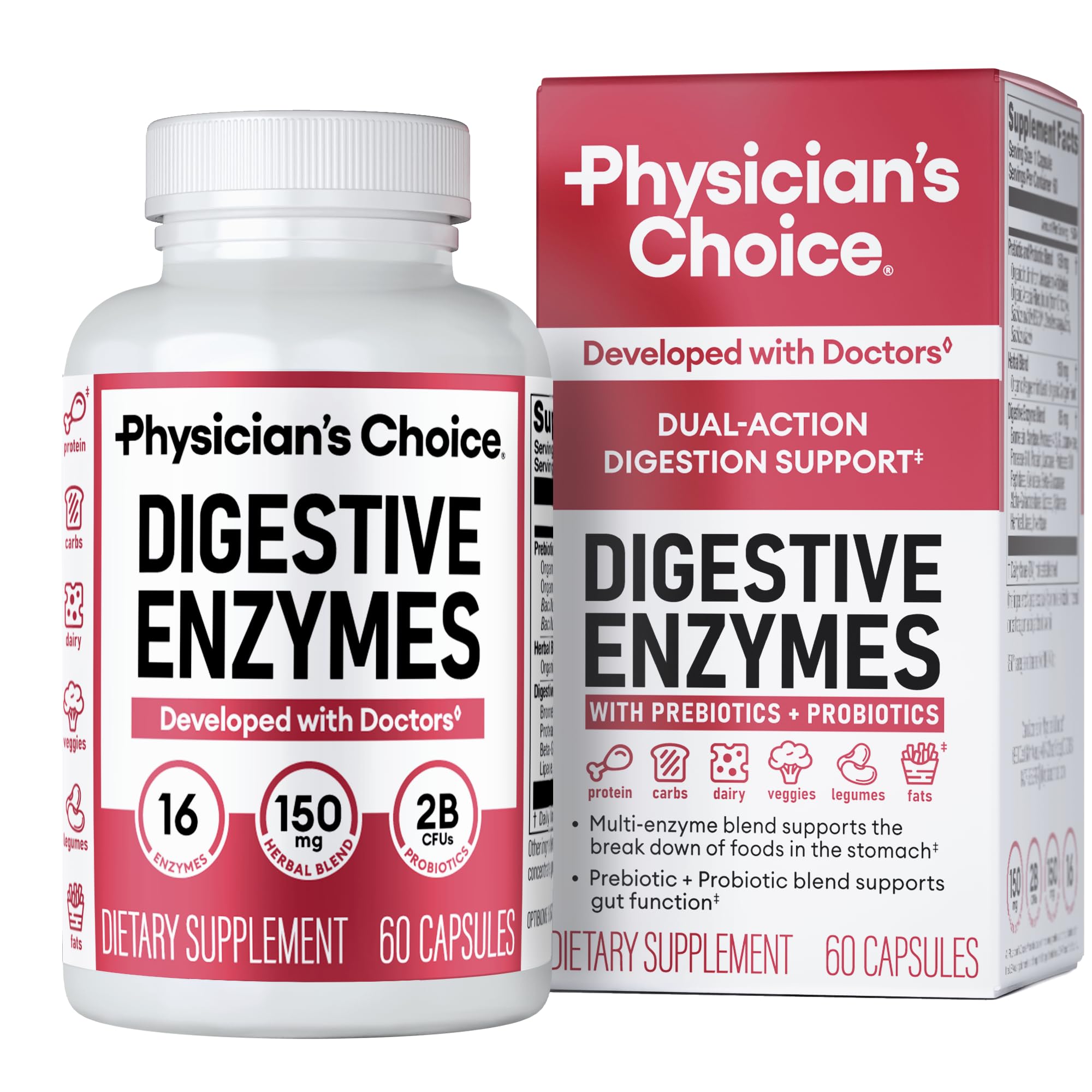 Physician's CHOICE Digestive Enzymes bottle front, supporting meal-time comfort with a broad enzyme range.
