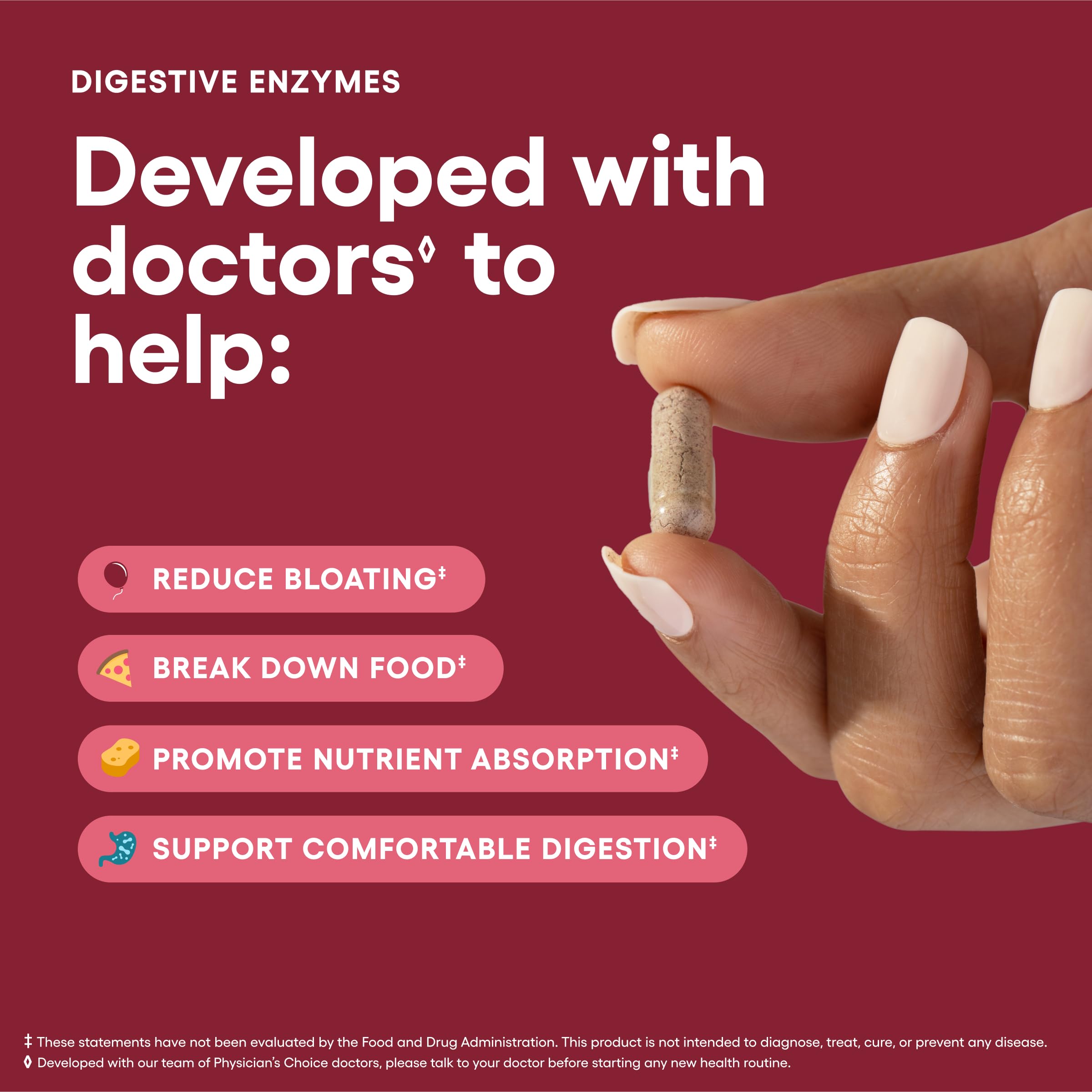 Physician's CHOICE Digestive Enzymes ingredients chart showing 16 enzymes and prebiotics.