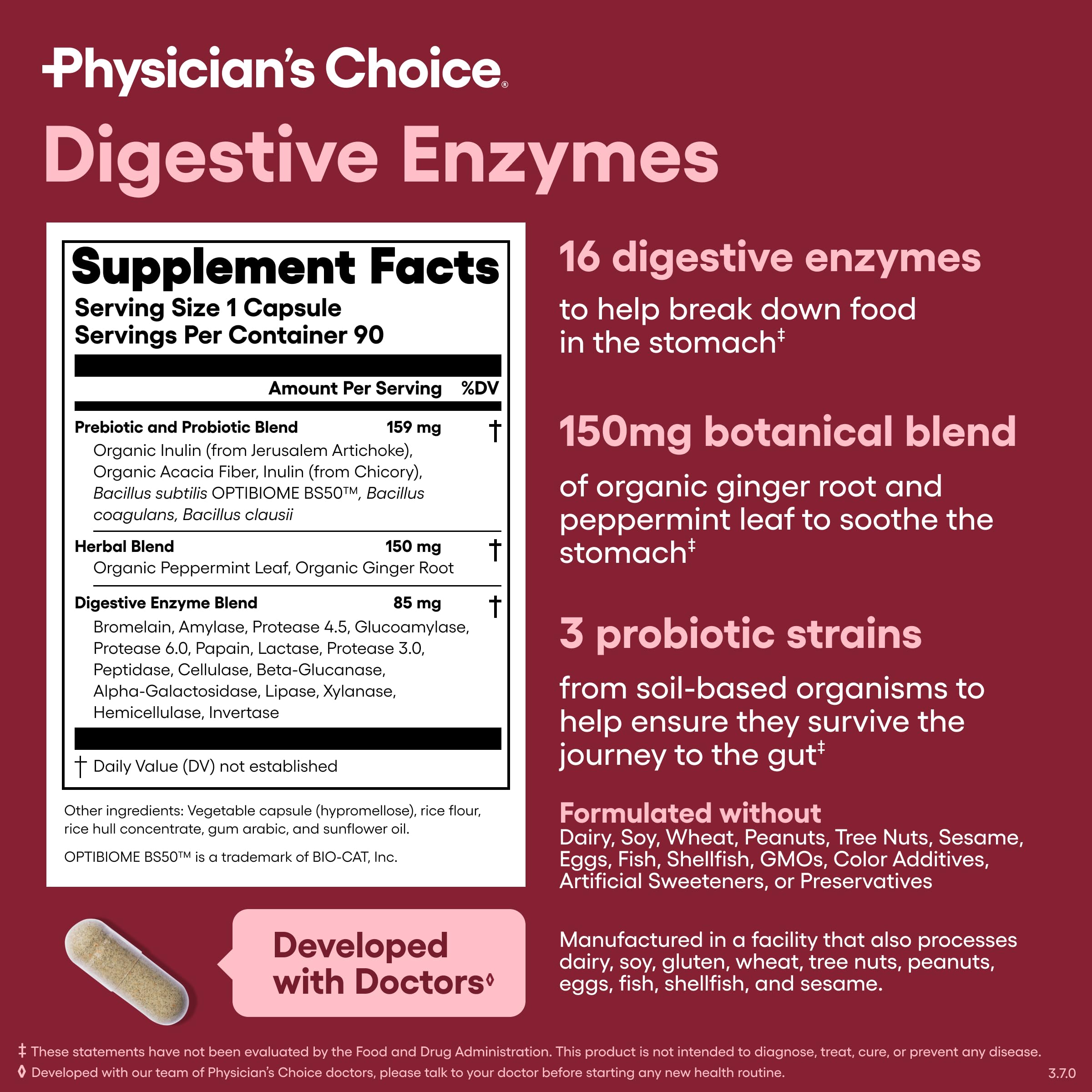 Physician's CHOICE Digestive Enzymes close-up on prebiotics and soil-based probiotics.
