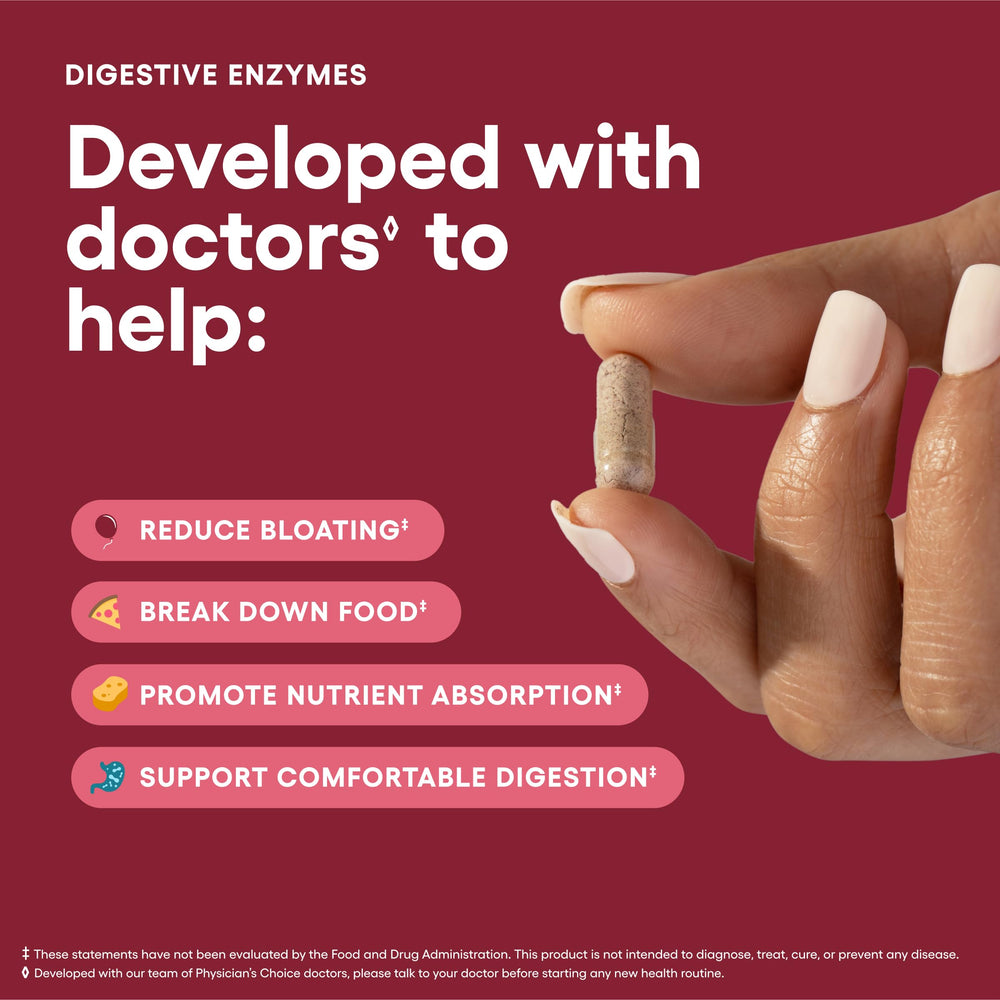Physician's CHOICE digestive enzyme tablets inside bottle ready for meals.