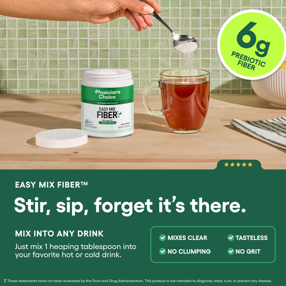 Physician's CHOICE Easy Mix Fiber provides 6 g of prebiotic fiber per serving.