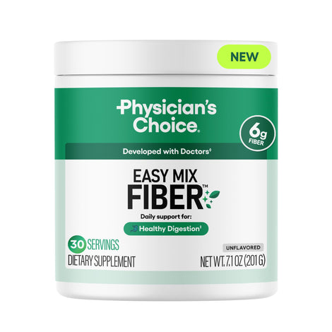 Physician's CHOICE Easy Mix Fiber bottle pour shows smooth, grit-free daily mix.
