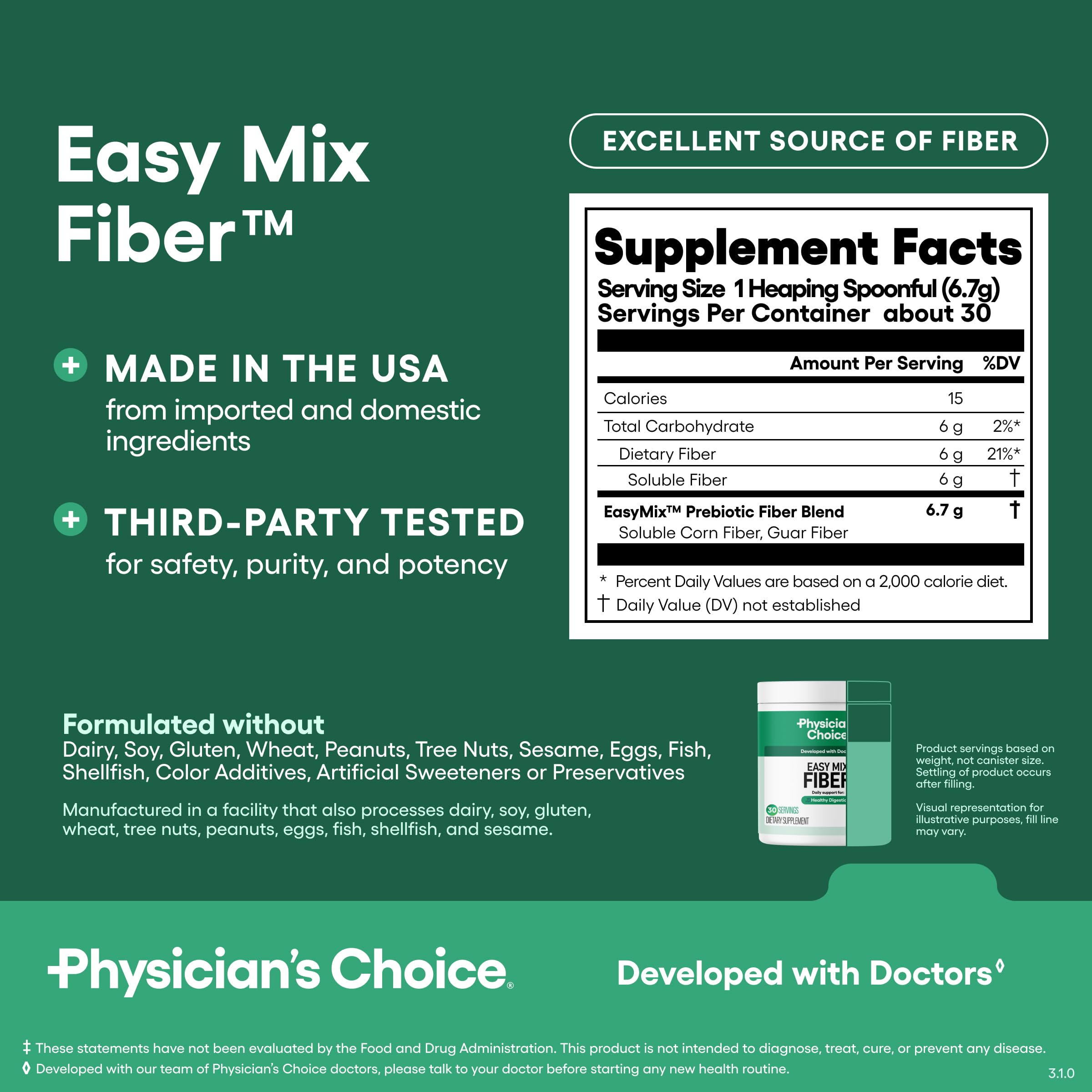 Physician's CHOICE Easy Mix Fiber third-party tested and US-made quality.