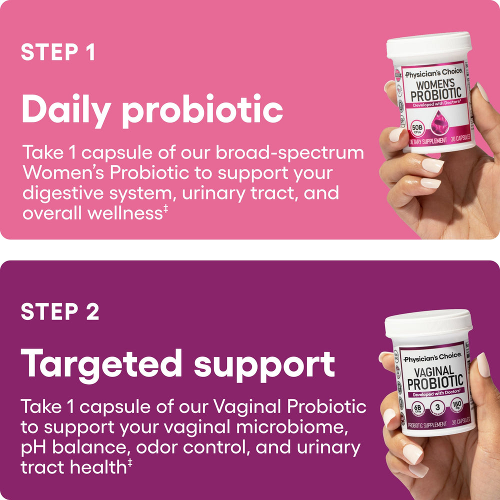 Physician's CHOICE Feminine Power Duo daily dosing illustration emphasizes ease