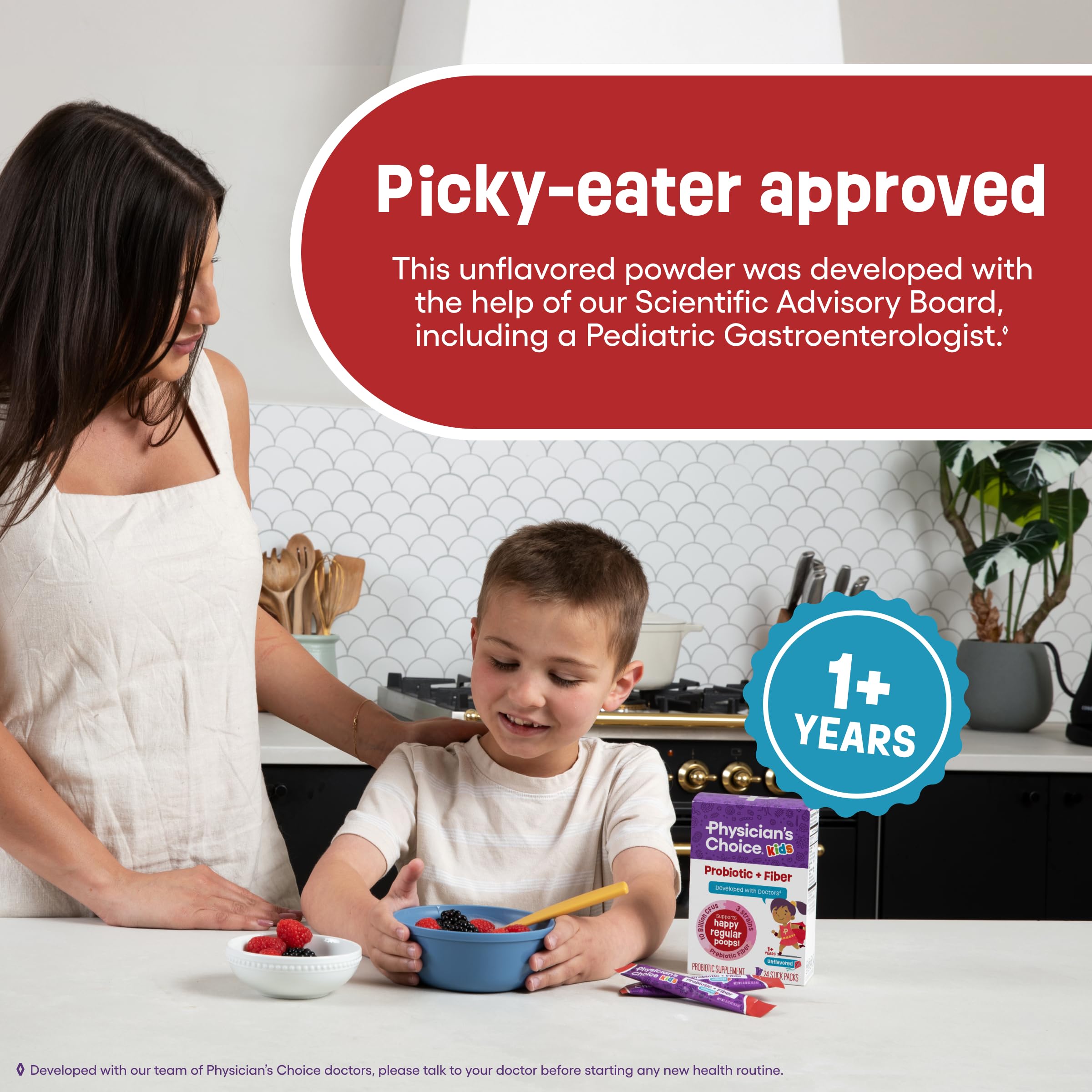 Box of Physician's Choice Kids Probiotic + Prebiotic with 24-stick monthly supply on a kitchen counter.