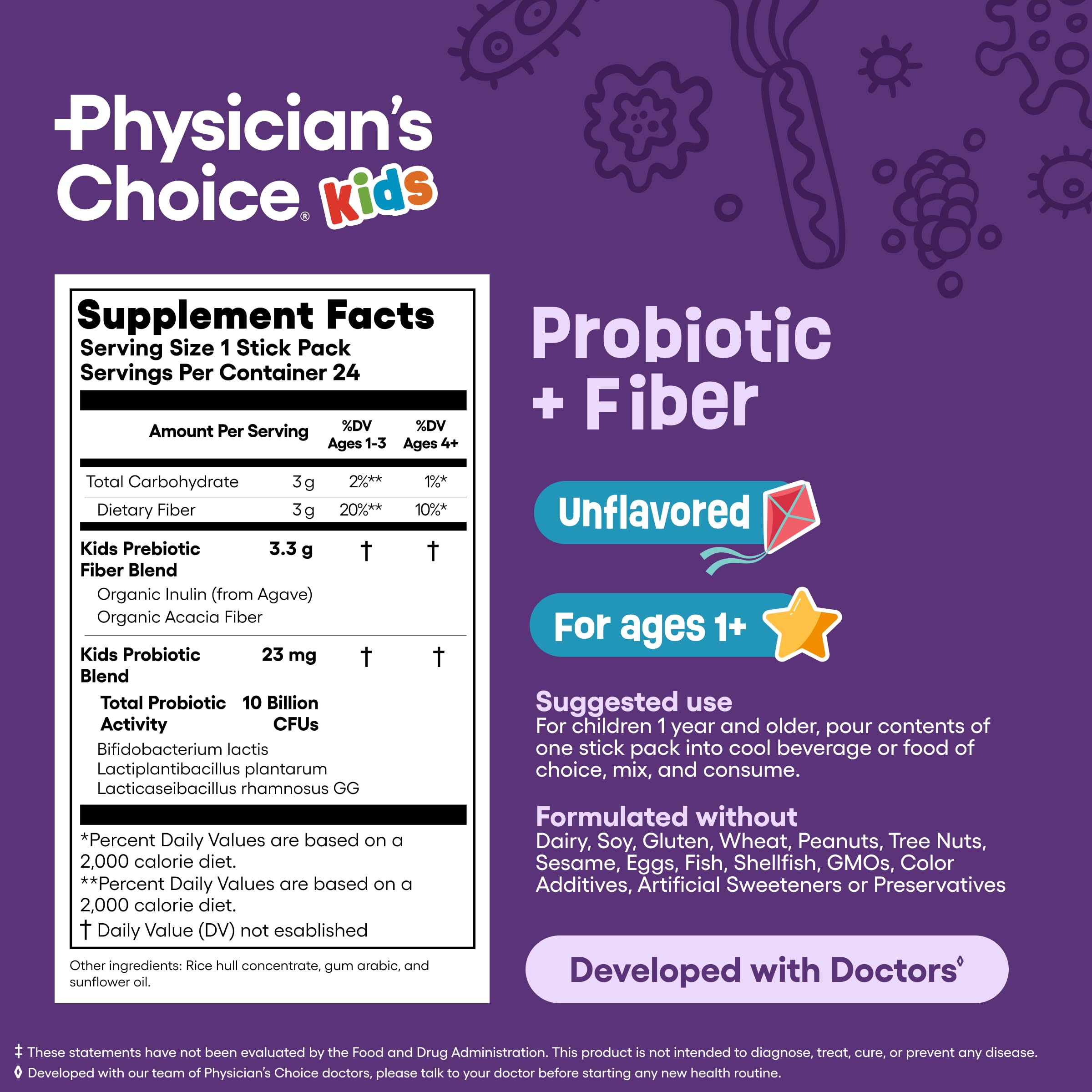 Parent preparing the daily dose of Physician's Choice Kids Probiotic + Prebiotic with a child at the table.