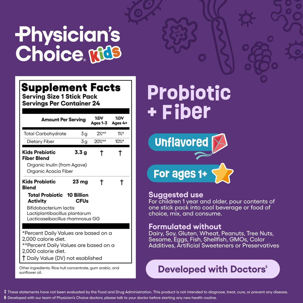 Parent preparing the daily dose of Physician's Choice Kids Probiotic + Prebiotic with a child at the table.