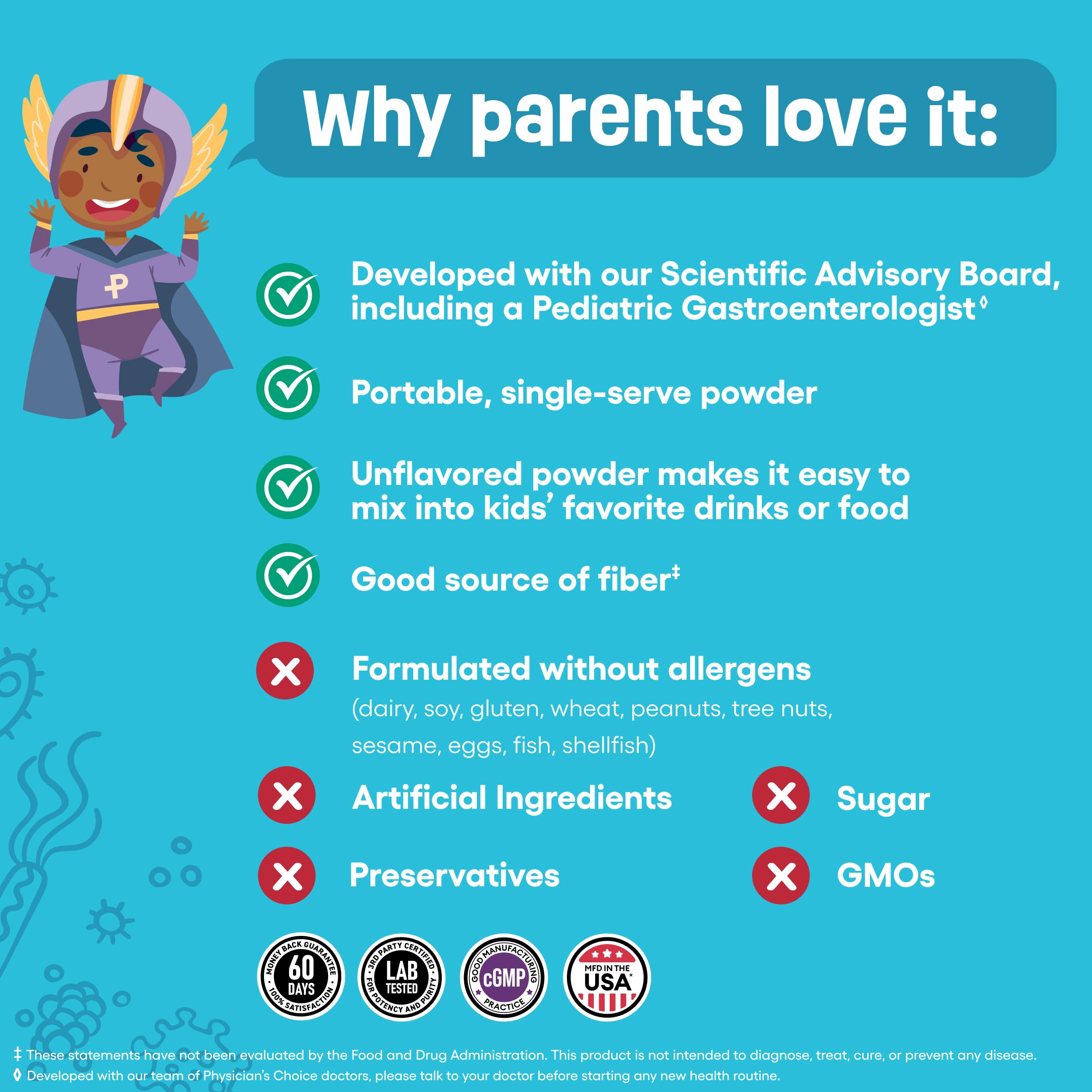 Third-party testing badge visible on Physician's Choice Kids Probiotic + Prebiotic packaging.