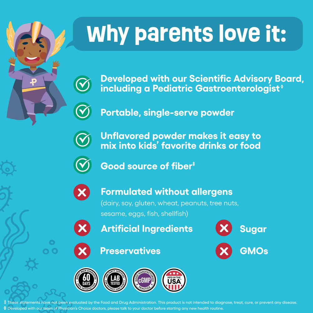 Third-party testing badge visible on Physician's Choice Kids Probiotic + Prebiotic packaging.