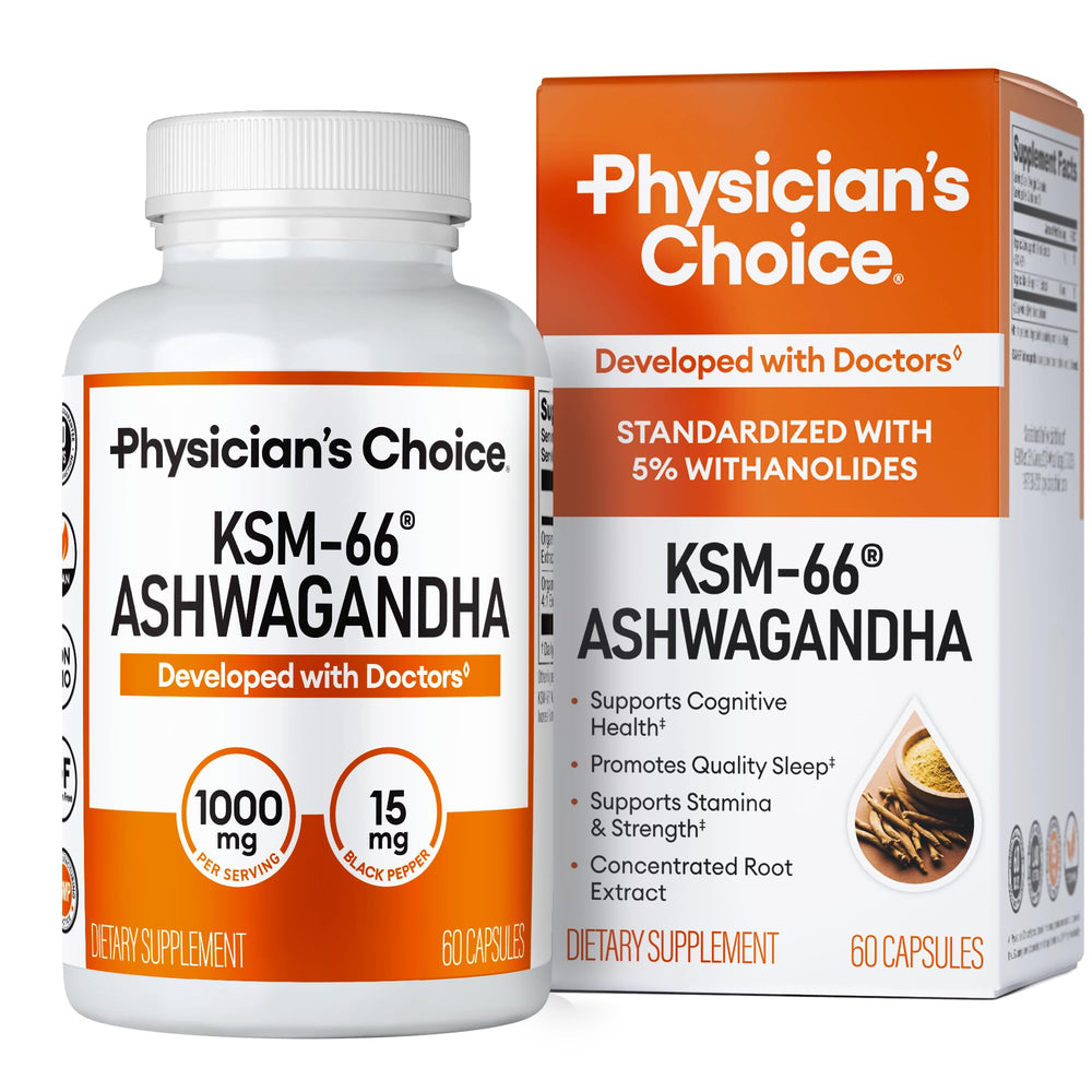 Physician's CHOICE KSM-66 Ashwagandha bottle for stress support and calm focus.