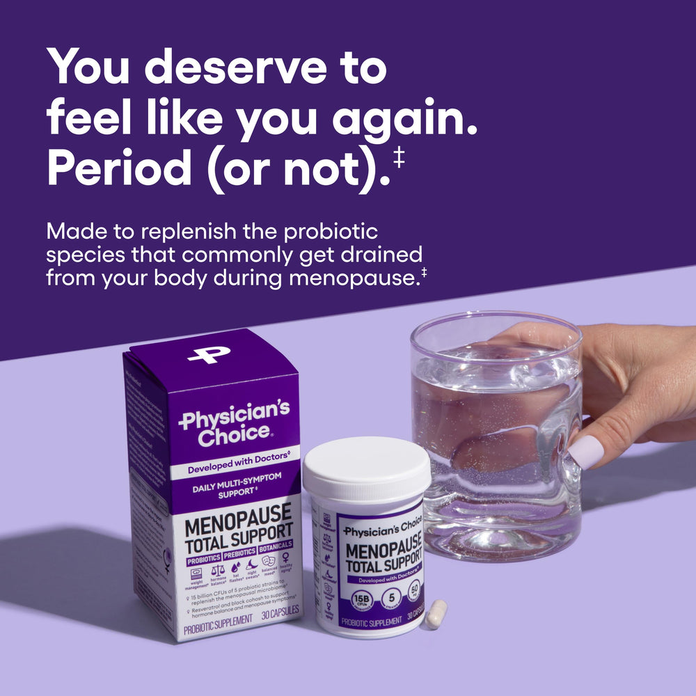 Physician's CHOICE Menopause Probiotic bottle back lists ingredients for menopausal support.