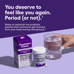 Physician's CHOICE Menopause Probiotic bottle back lists ingredients and daily use.