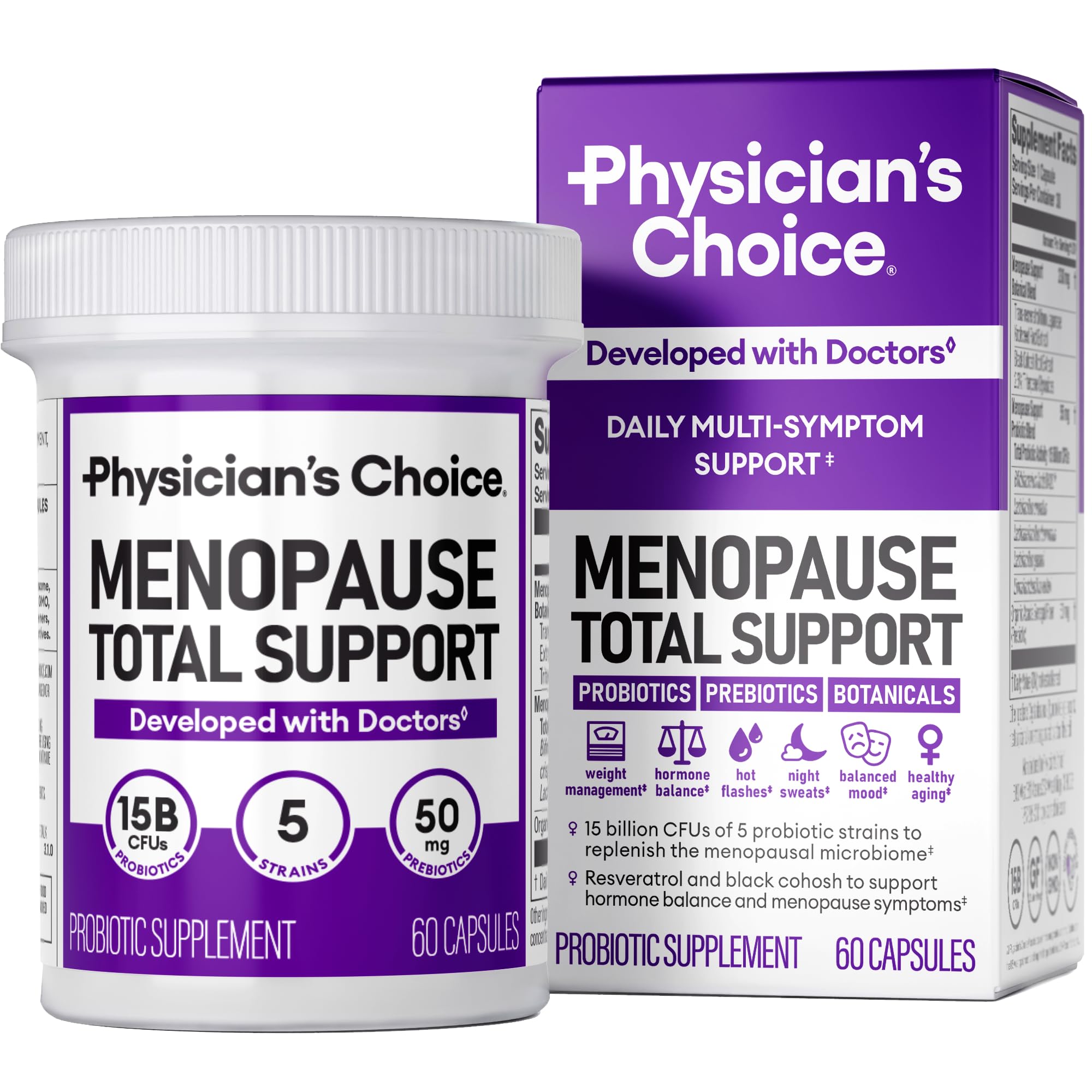 Physician's CHOICE Menopause Probiotic bottle front supports hormonal balance and gut health.