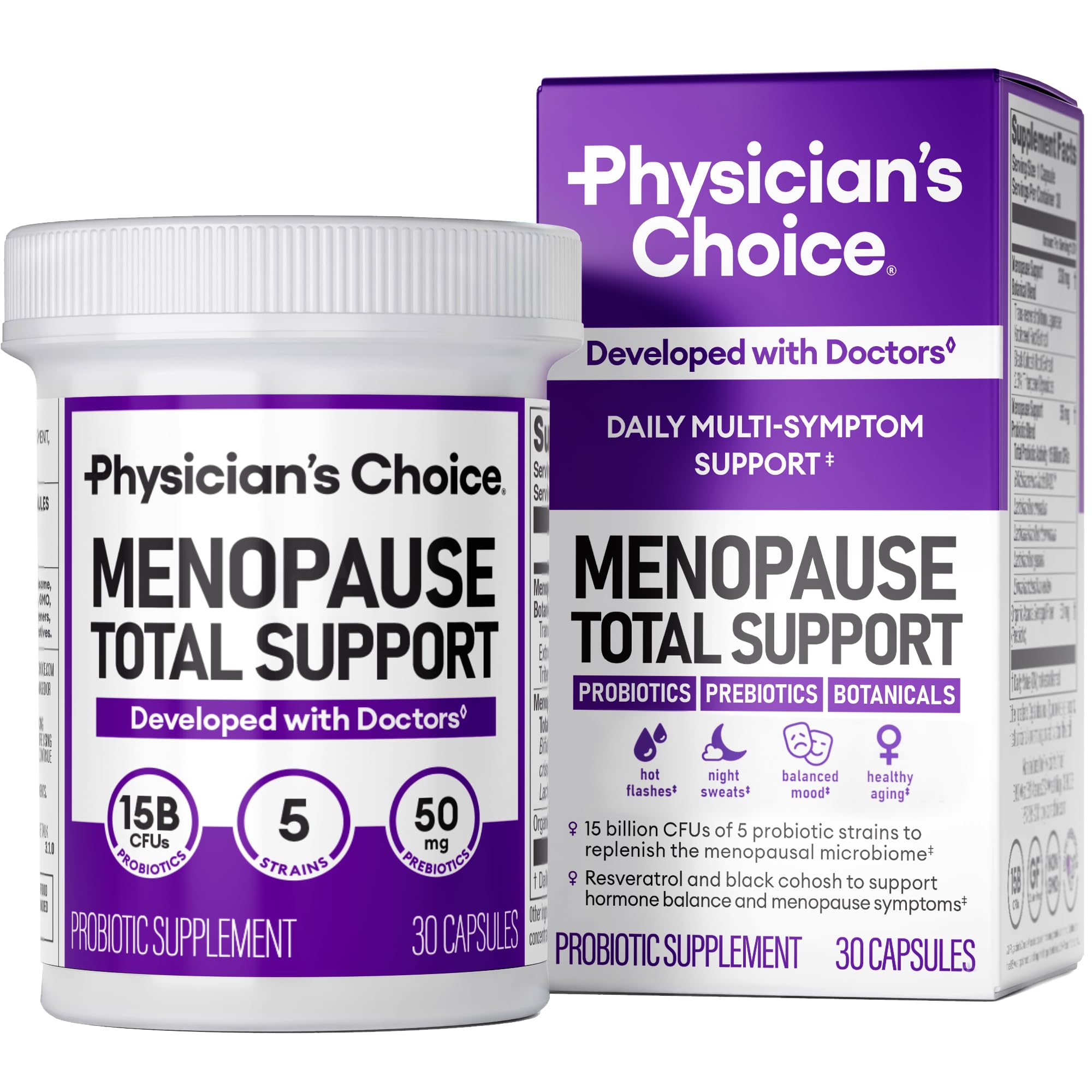 Physician's CHOICE Menopause Probiotic bottle front promotes hormonal balance and gut health.