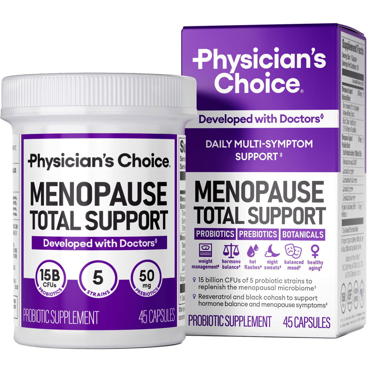 Physician's CHOICE Menopause Probiotic bottle front view for hormonal balance support.