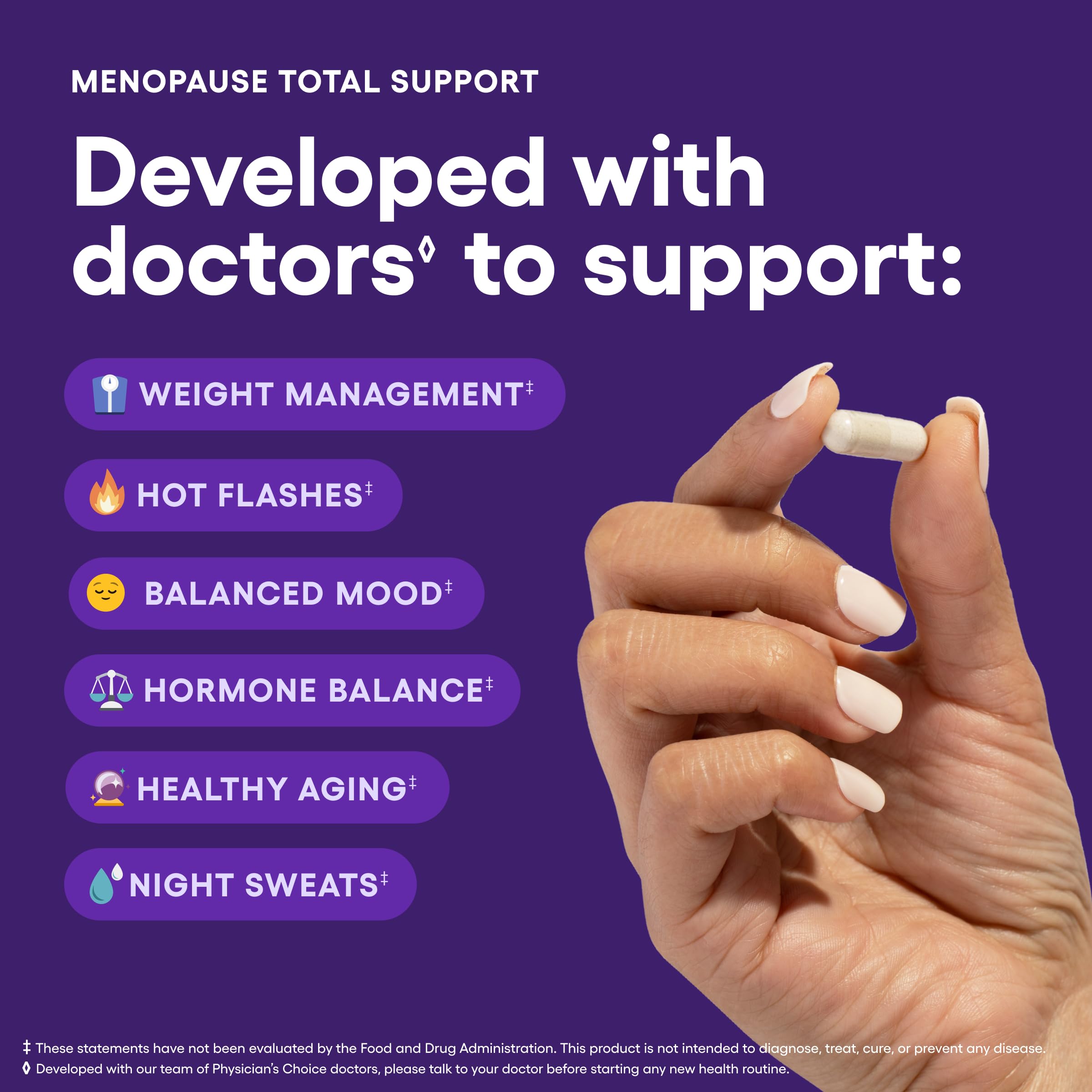 Pouring Physician's CHOICE Menopause Probiotic capsules demonstrates easy daily use.