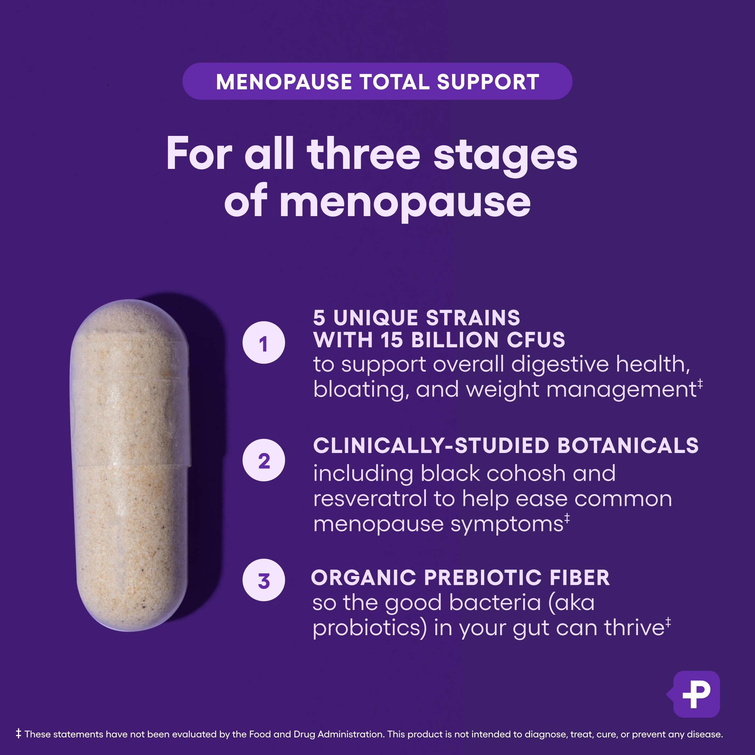 Physician's CHOICE Menopause Probiotic ingredients highlight black cohosh and resveratrol for menopausal support.