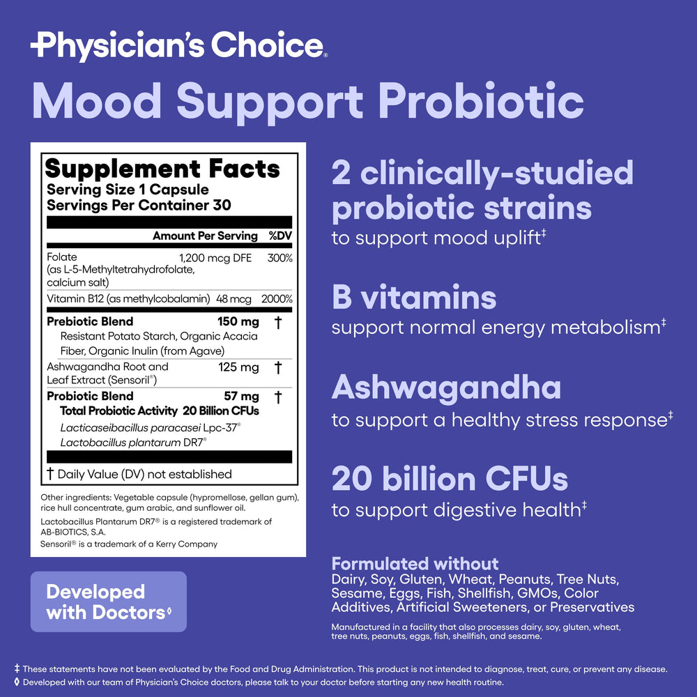 Physician's CHOICE Mood Probiotic bottle fits into routines for steady digestion and mood support.