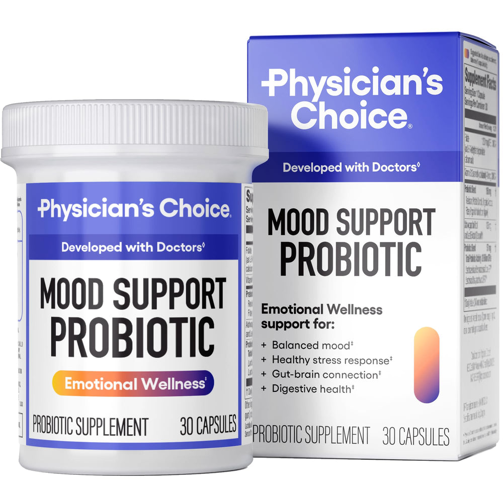 Physician's CHOICE Mood Probiotic bottle highlights daily mood support with prebiotics.