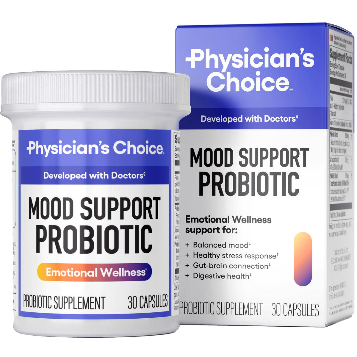 Physician's CHOICE Mood Probiotic bottle highlights daily mood support with prebiotics.