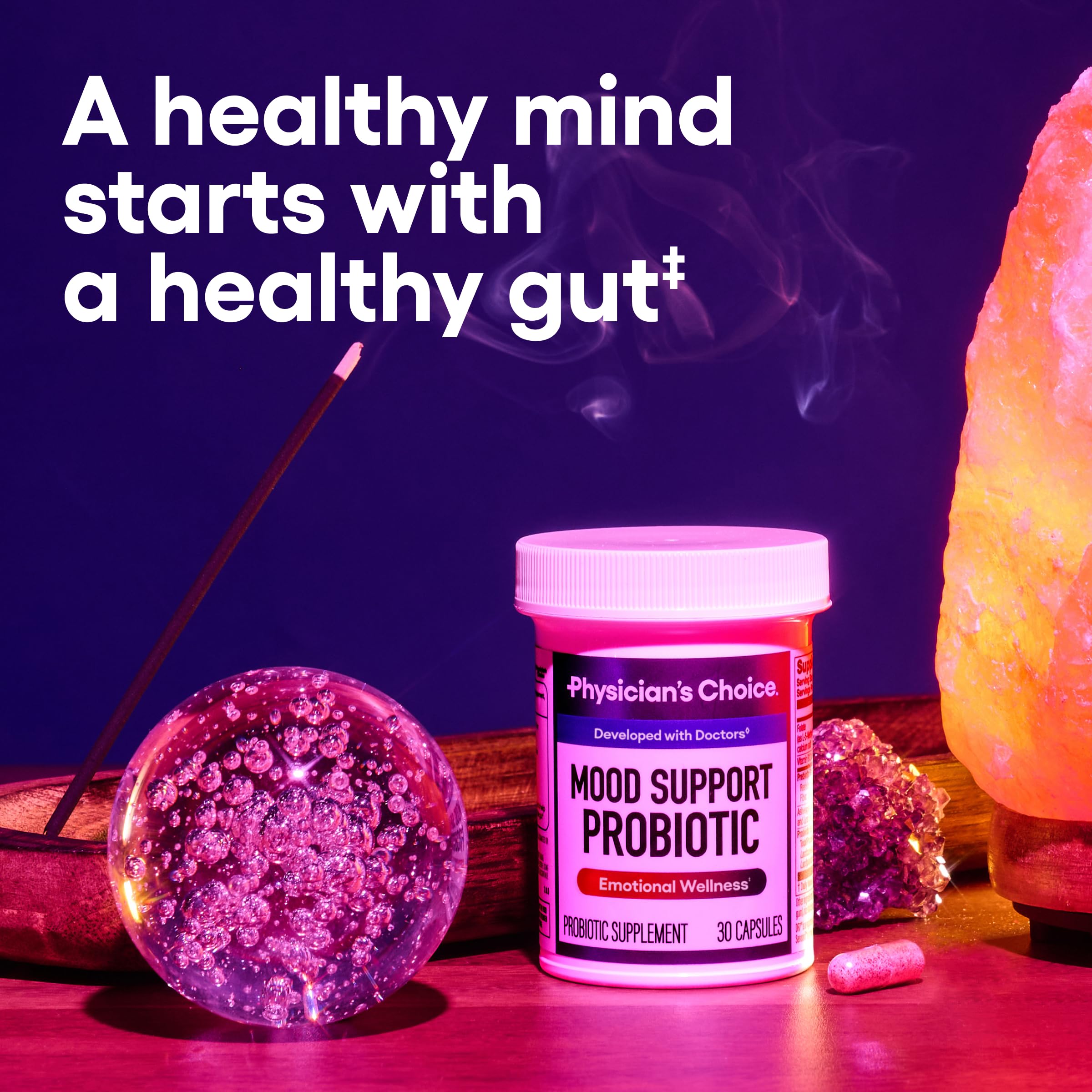 Physician's CHOICE Mood Probiotic capsules support mood balance and gut health.
