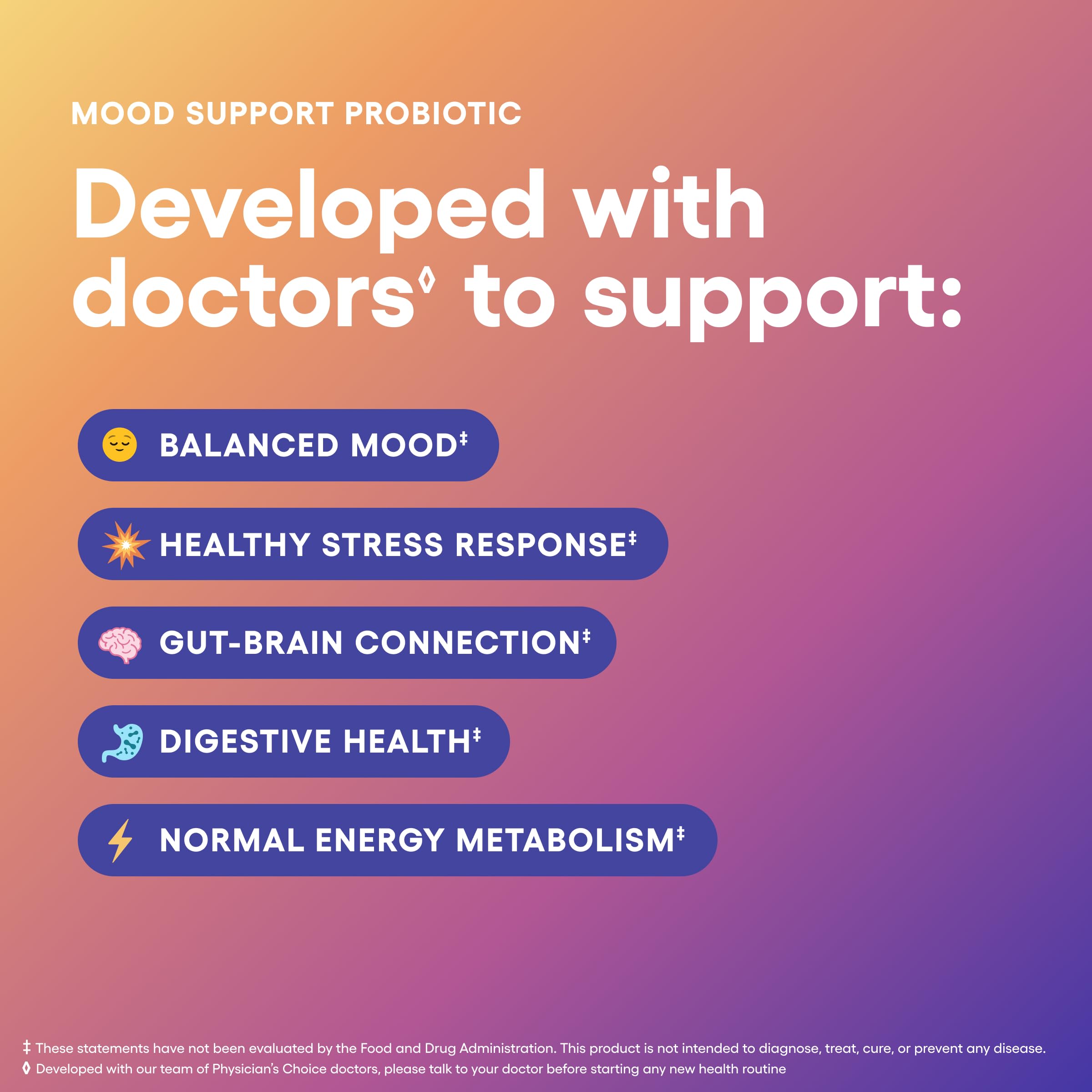 Physician's CHOICE Mood Probiotic label shows 30-count bottle and key ingredients for gut-brain support.