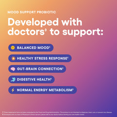 Physician's CHOICE Mood Probiotic label shows 30-count bottle and key ingredients for gut-brain support.