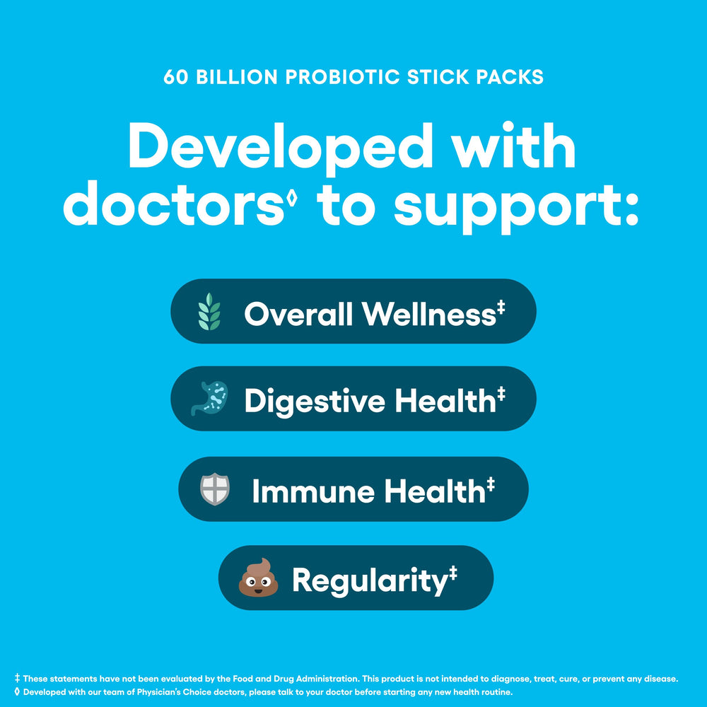 Physicians Choice travel-friendly probiotic sticks for everyday use and on-the-go routines.
