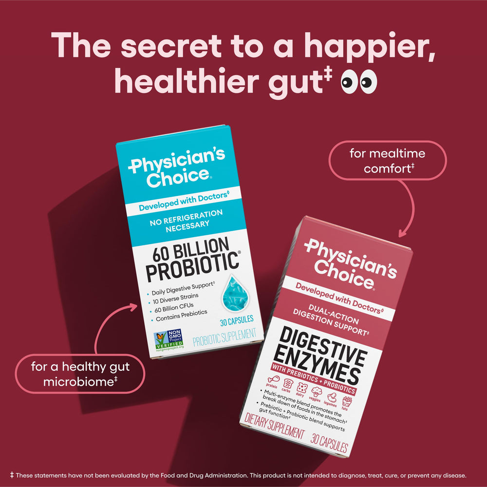 Physician's CHOICE packaging box highlighting enzyme and probiotic benefits.