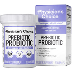 Physician's CHOICE prebiotic-probiotic bottle front showing convenient daily digestive support.