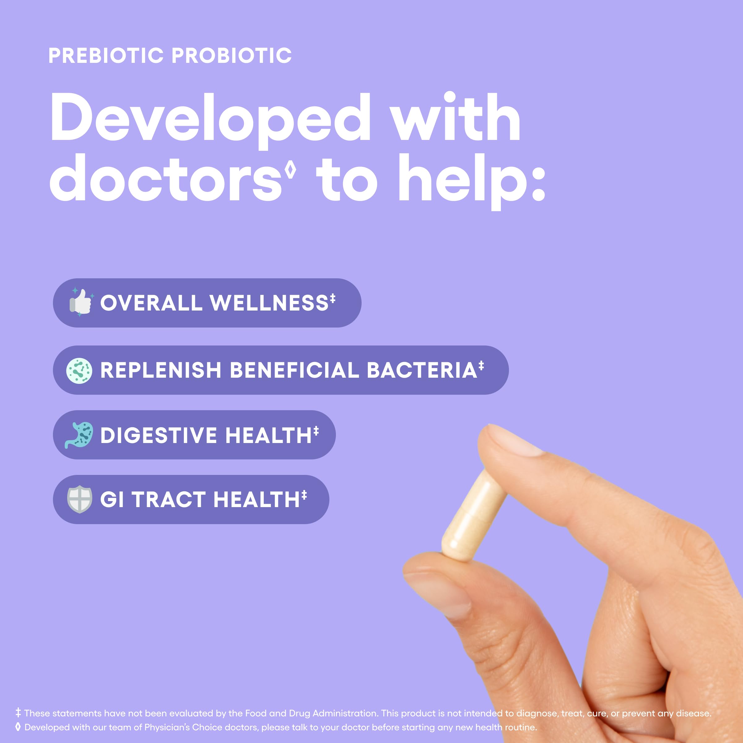 Physician's CHOICE bottle label highlights 10B CFU and 3 probiotic strains.
