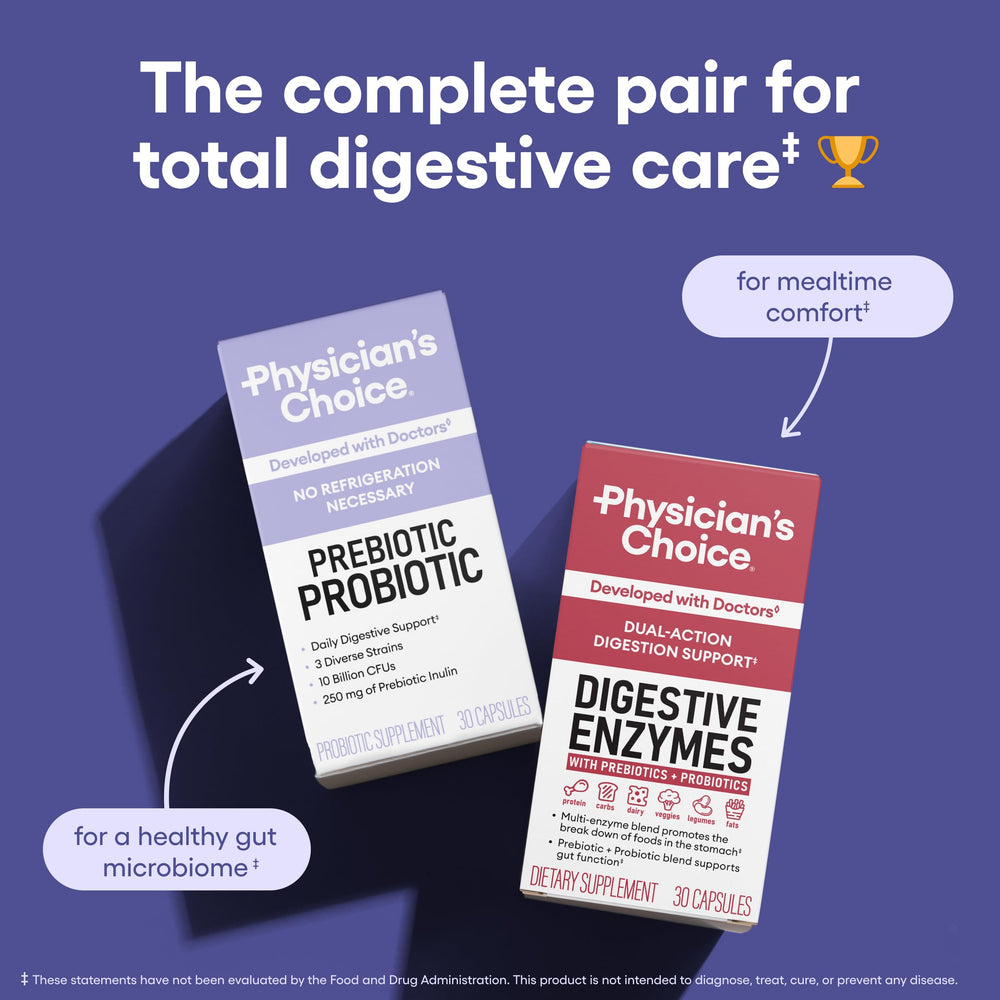 Physician's CHOICE capsules closeup highlights durable capsules and digestive support.