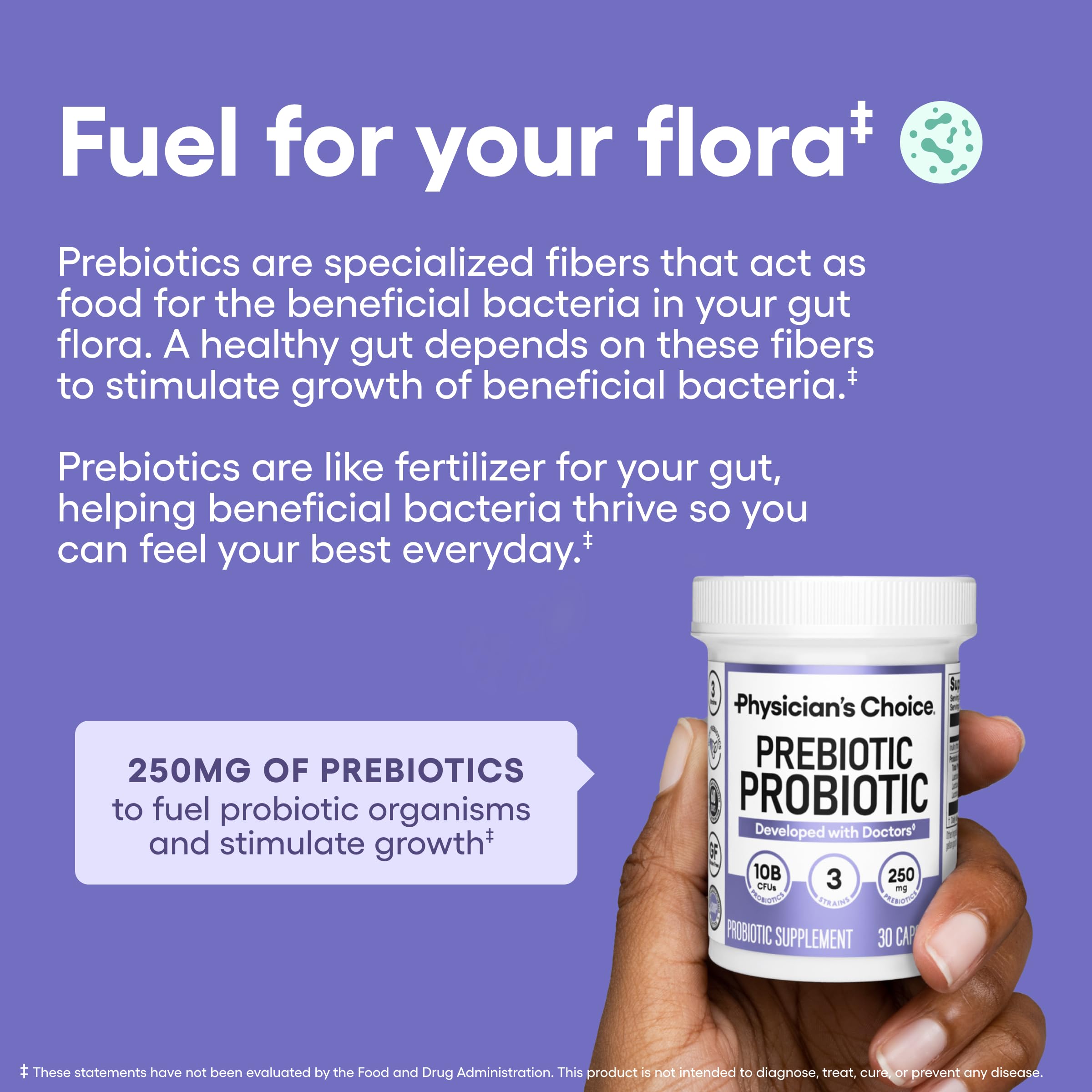 Physician's CHOICE capsules pour demonstrates easy, on-the-go gut health routine.
