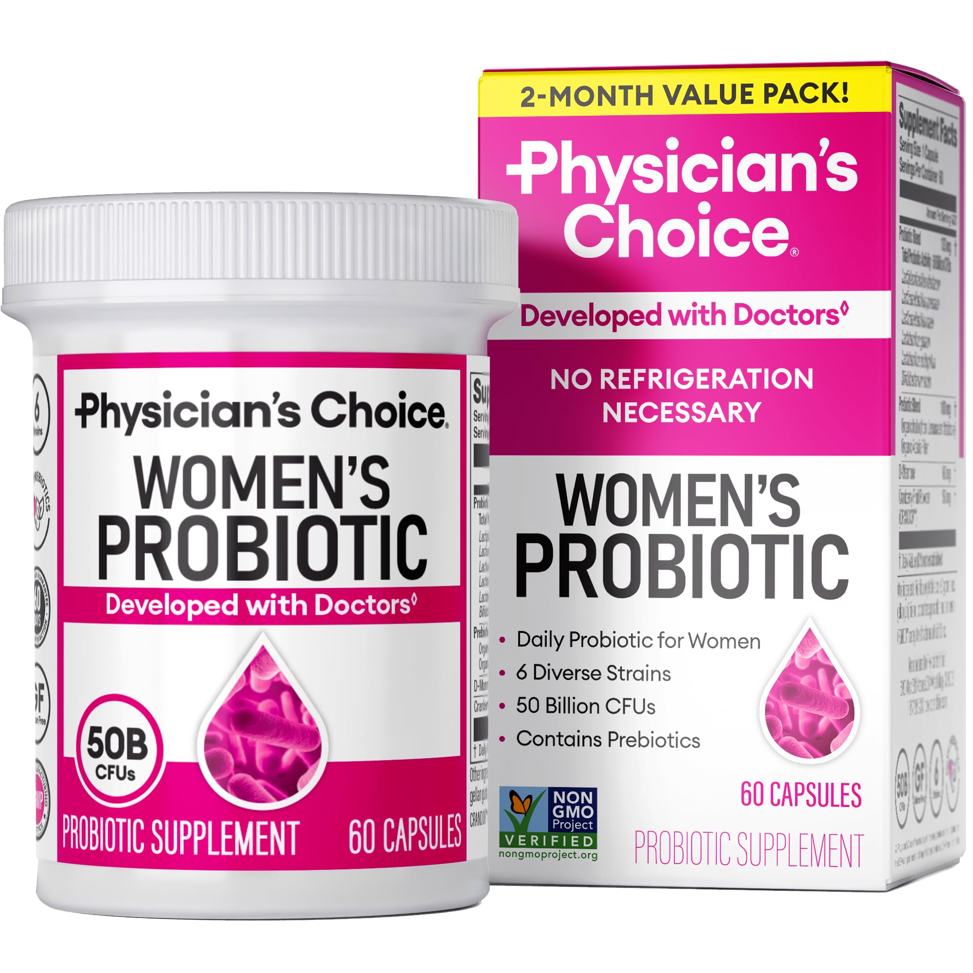 Physician's CHOICE Probiotics bottle displaying 50B CFU for balanced digestion.