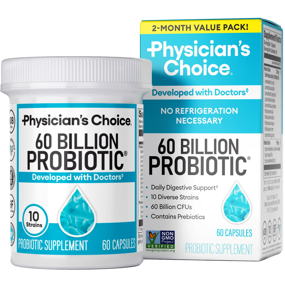 Physician's CHOICE Probiotics bottle with 60B CFU for daily digestive support.