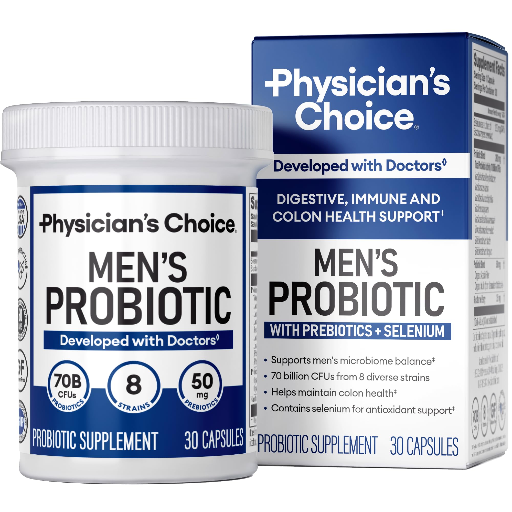 Physician's Choice Probiotics for Men bottle showing 70B CFU for gut support