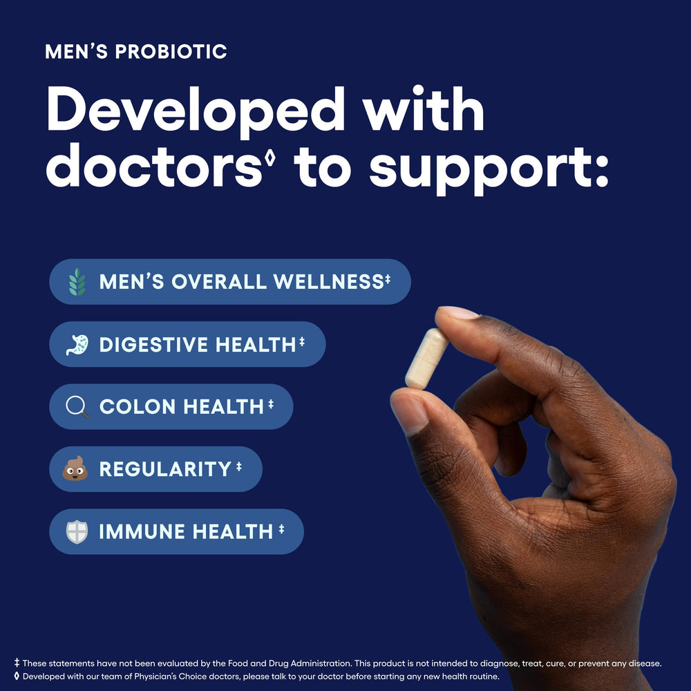 Physician's Choice Probiotics for Men label close-up with eight strains