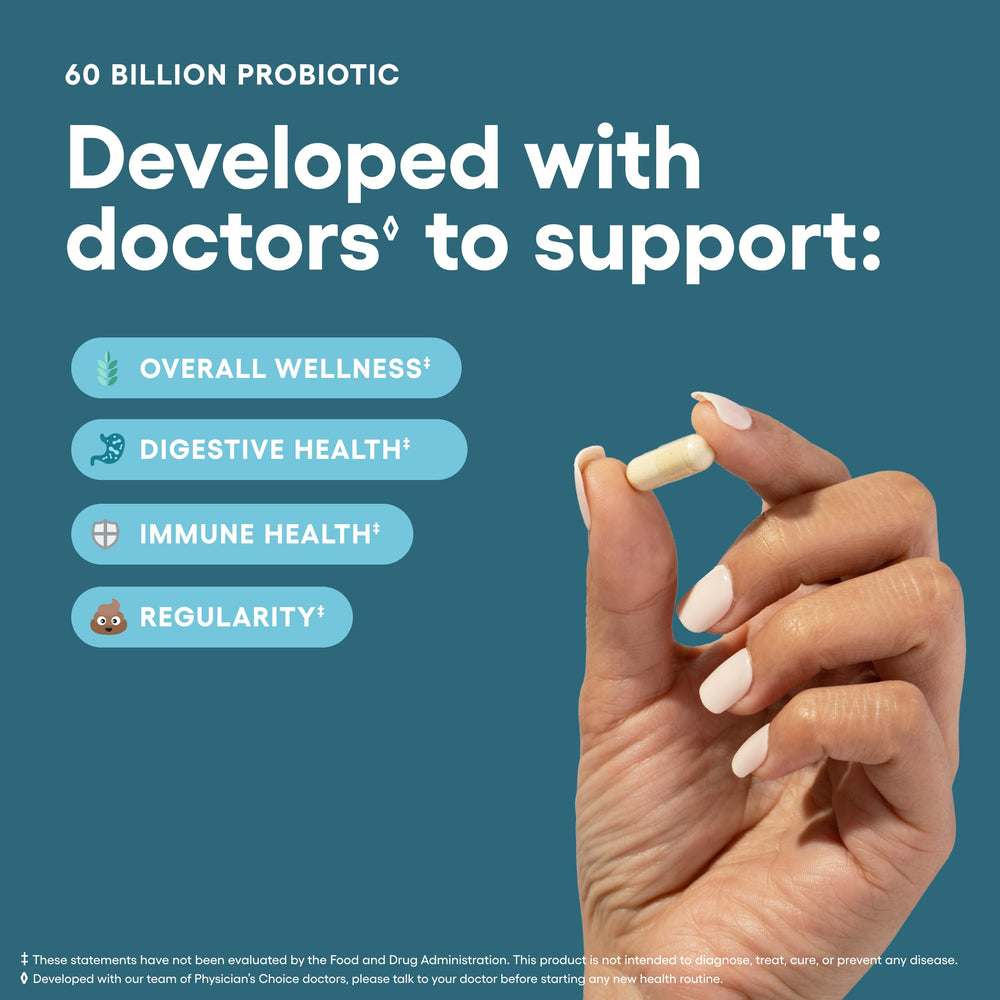 Physician's CHOICE Probiotics with organic prebiotics ingredients highlighted for gut nourishment.