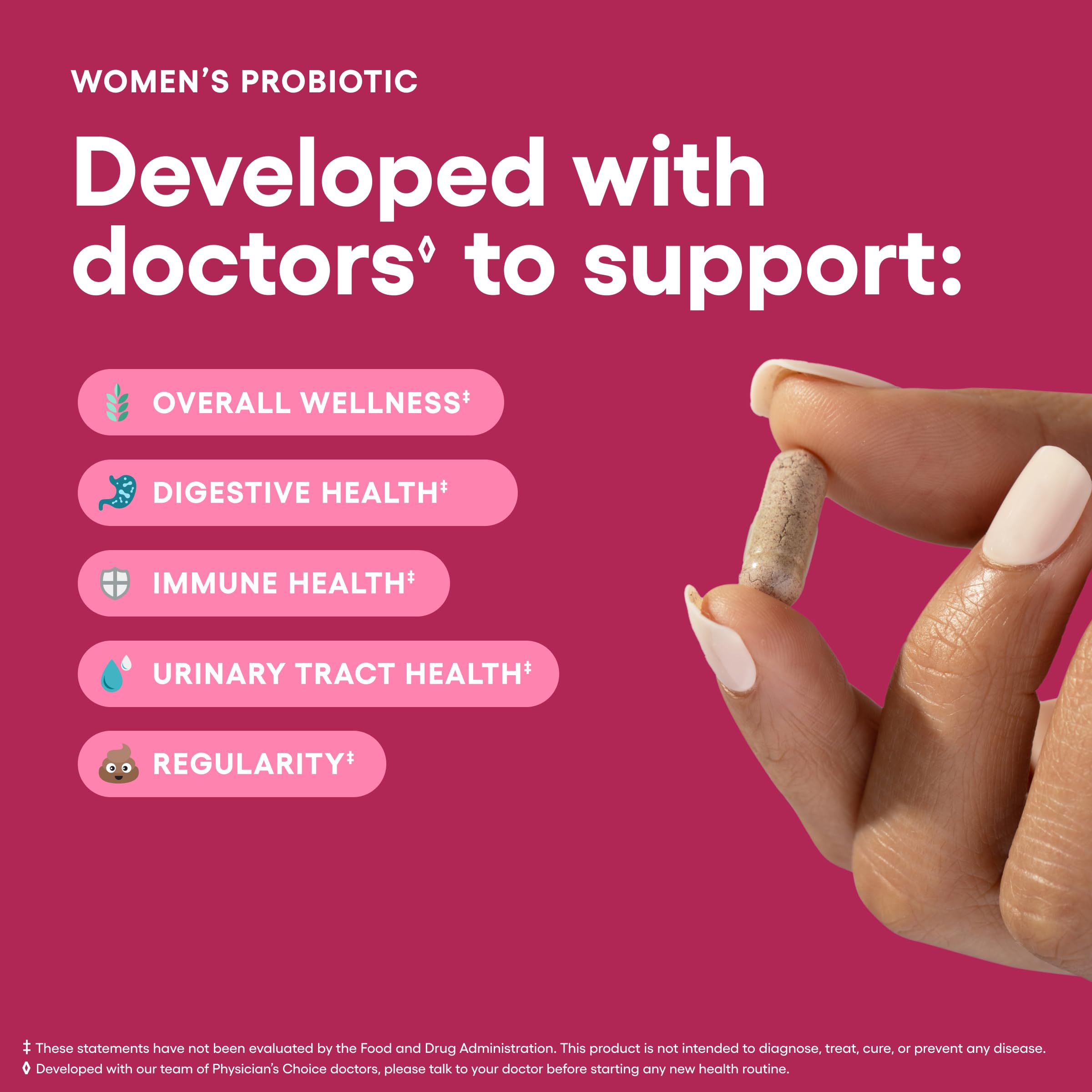 Physician's CHOICE Probiotics for Women capsules shown up close for shelf-stable, acid-resistant delivery.