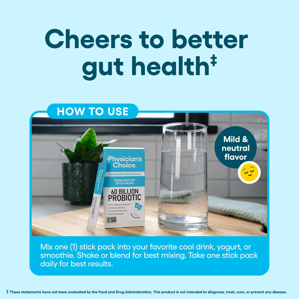 Physicians Choice shelf-stable sticks ensure reliable daily probiotic routine during travel.