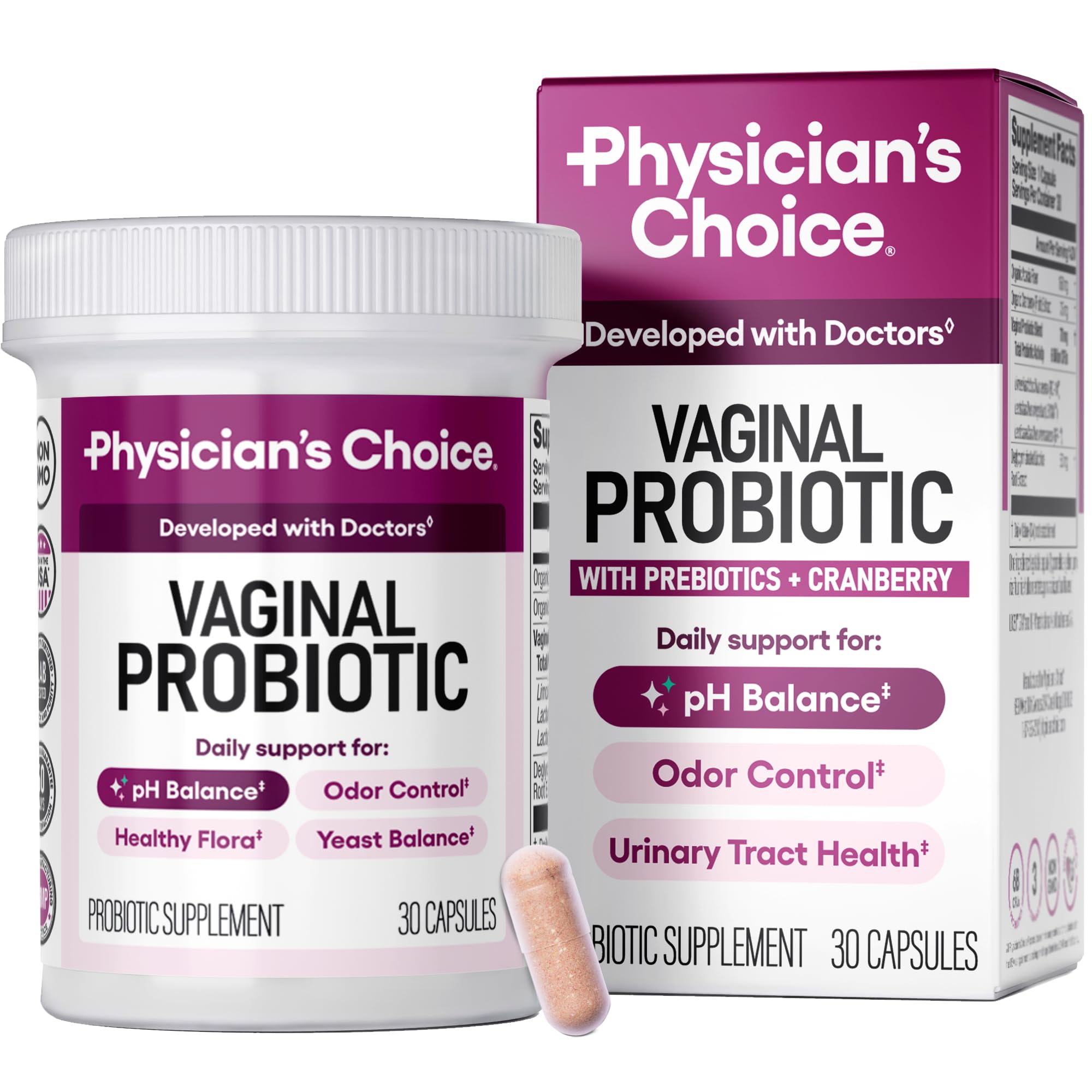 Physician's CHOICE vaginal probiotic bottle promoting balanced pH and daily comfort.