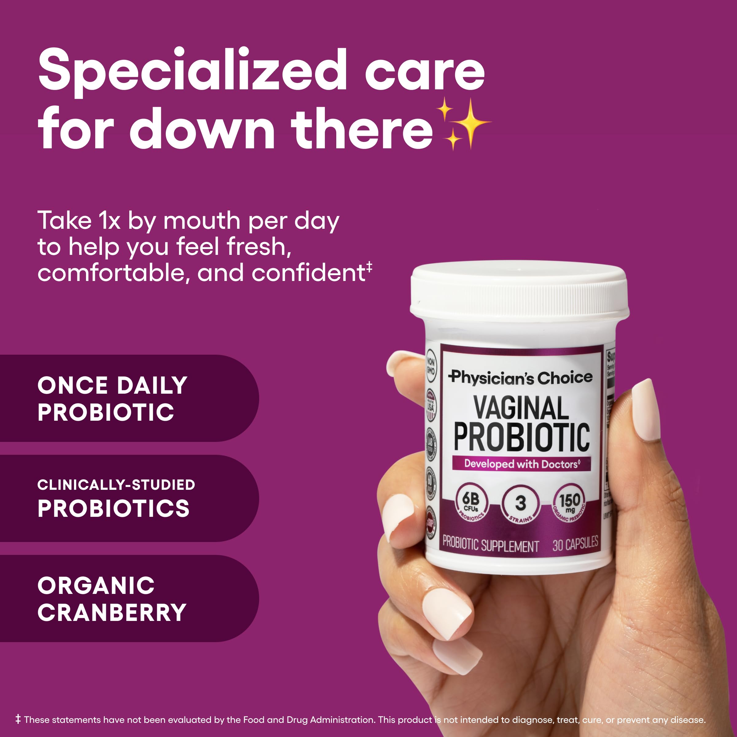 Physician's CHOICE probiotic capsule close-up for yeast balance and odor control.