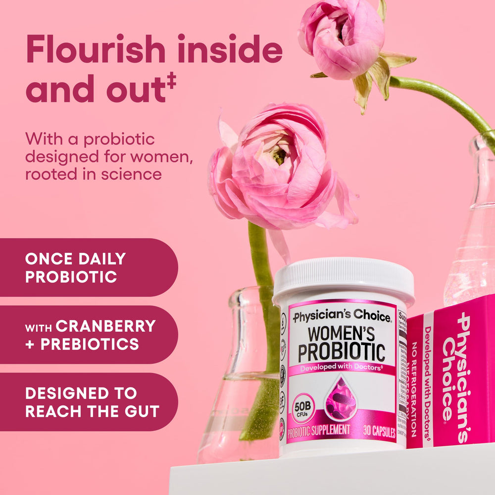 Physician's CHOICE Women Probiotic bottle label highlighting six strains