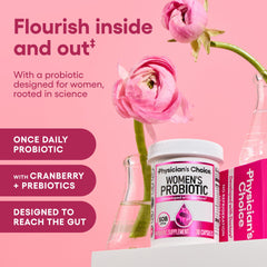 Physician's CHOICE Women Probiotic bottle label highlighting six strains