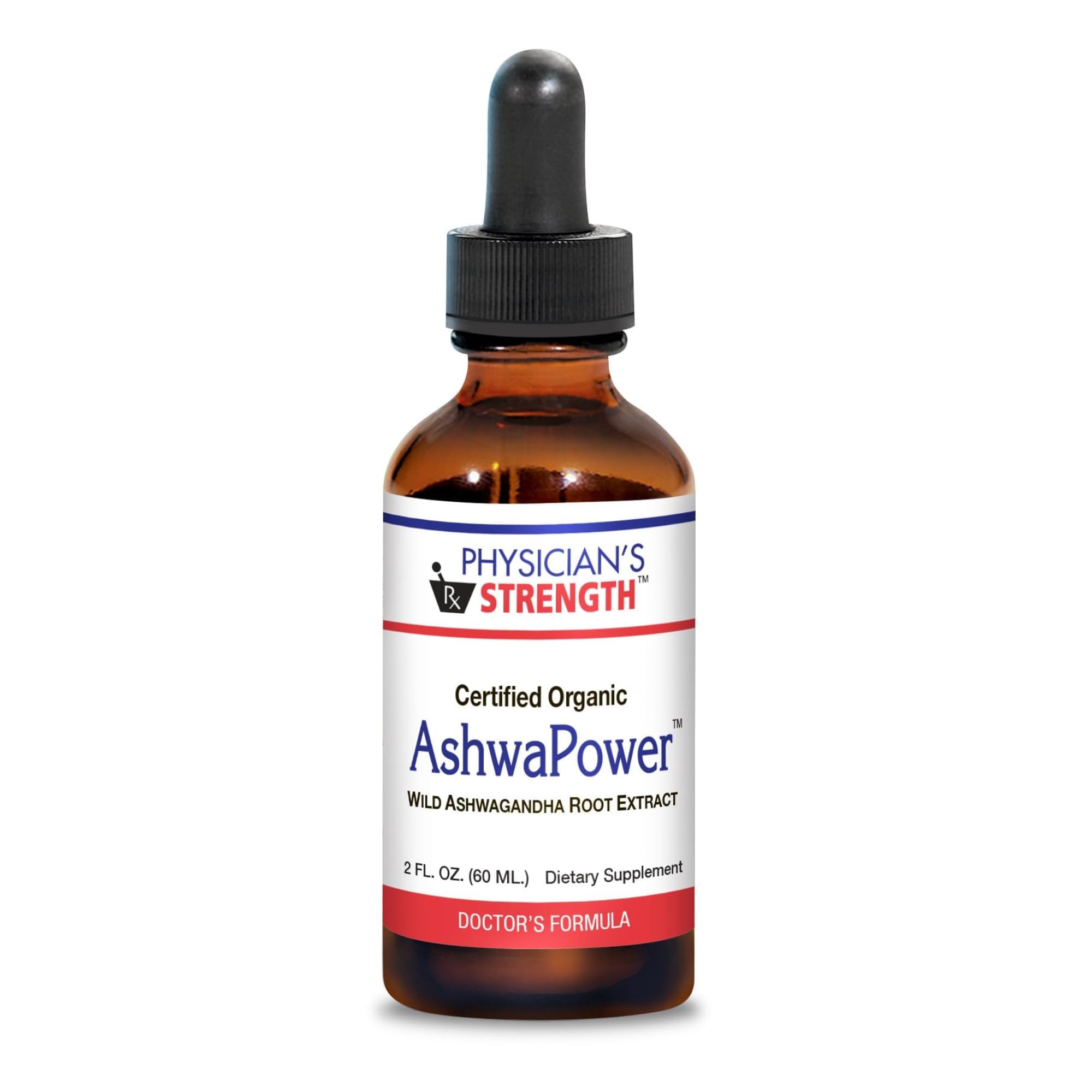 Physician's Strength AshwaPower bottle front displays wild ashwagandha root extract for daily vitality