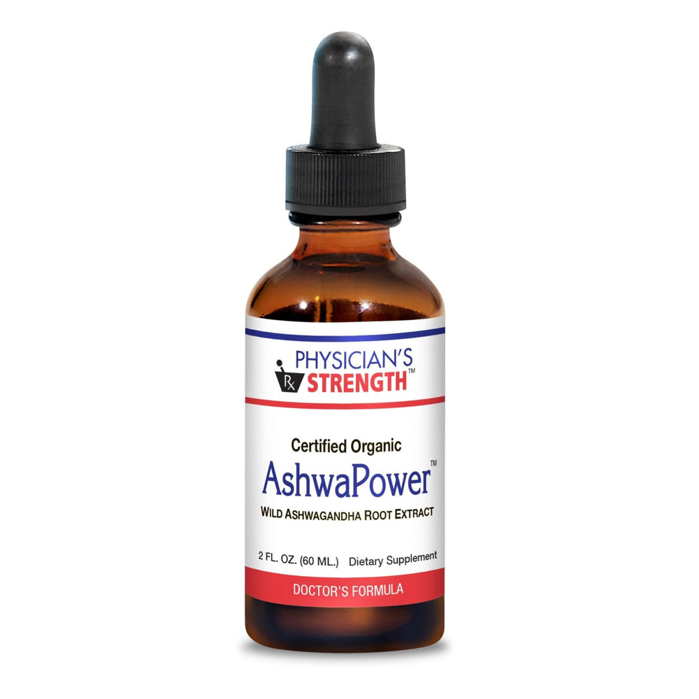 Physician's Strength AshwaPower bottle front displays wild ashwagandha root extract for daily vitality
