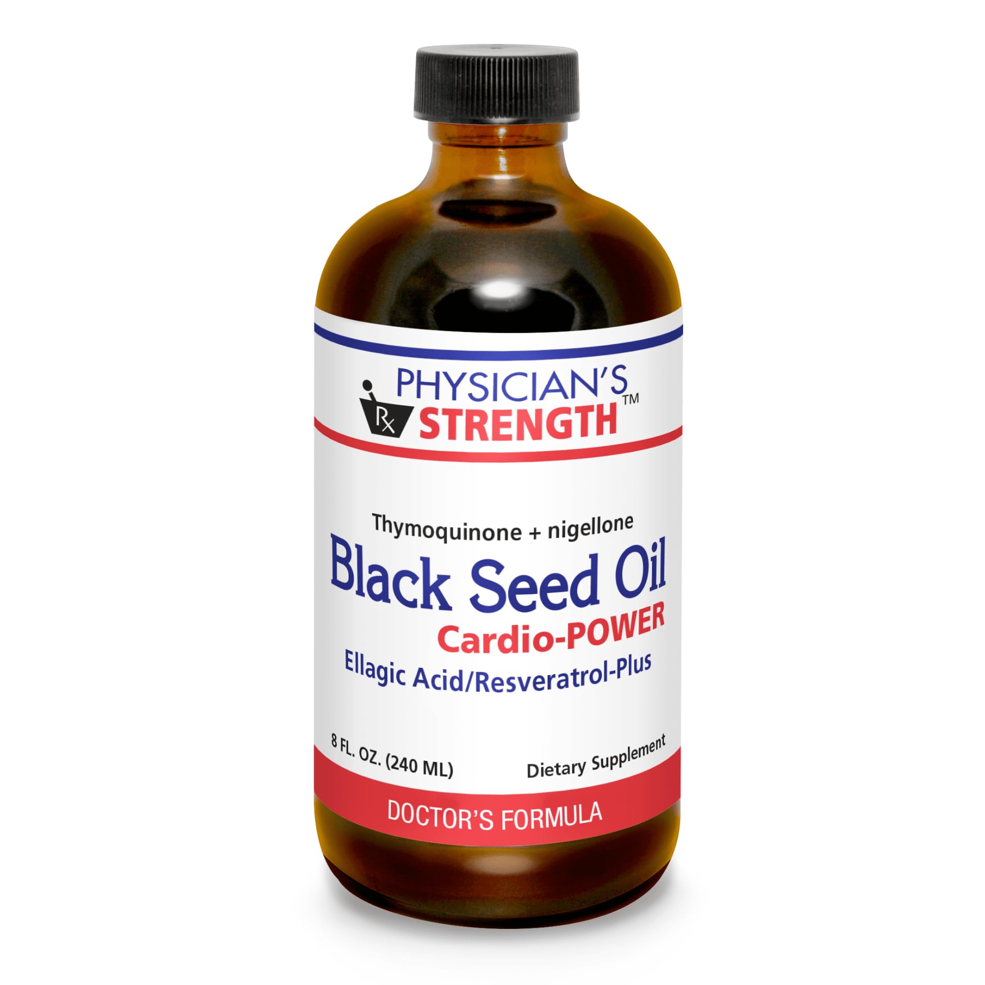 Physician's Strength Black Seed Cardio-Power bottle label highlights ellagic acid and resveratrol blend.