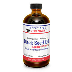 Physician's Strength Black Seed Cardio-Power bottle label highlights ellagic acid and resveratrol blend.