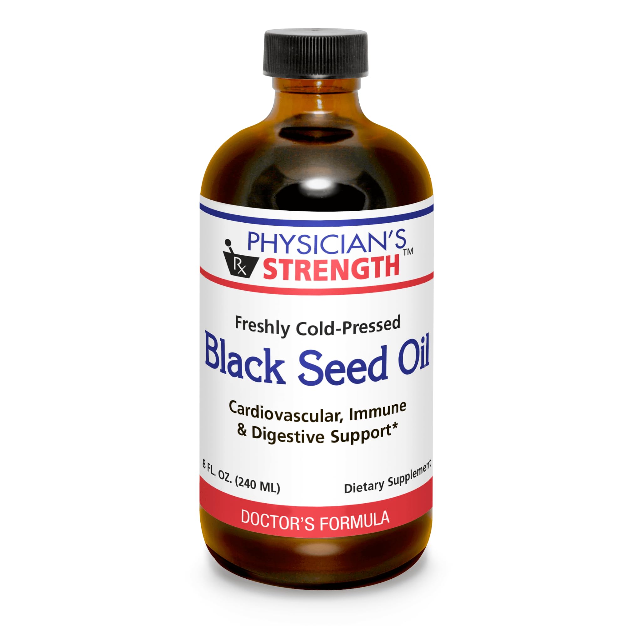  Physician's Strength Black Seed Oil bottle shows cold pressed oil for daily vitality.